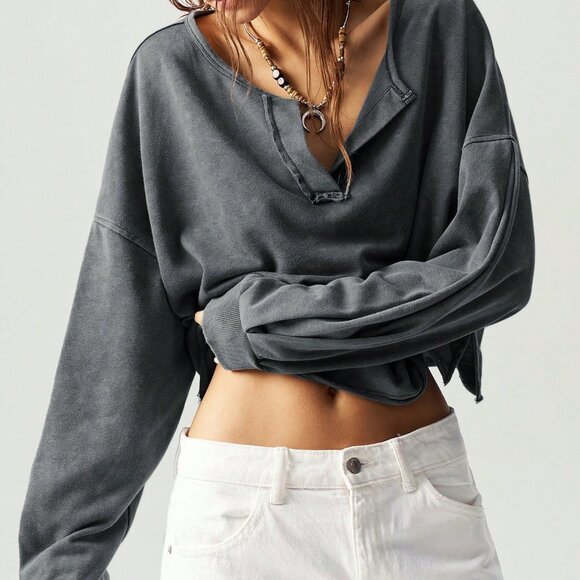 Dark Grey Casual Women's V-Neck Long Sleeve Loose Pullover Sweatshirt - Picture 6 of 8